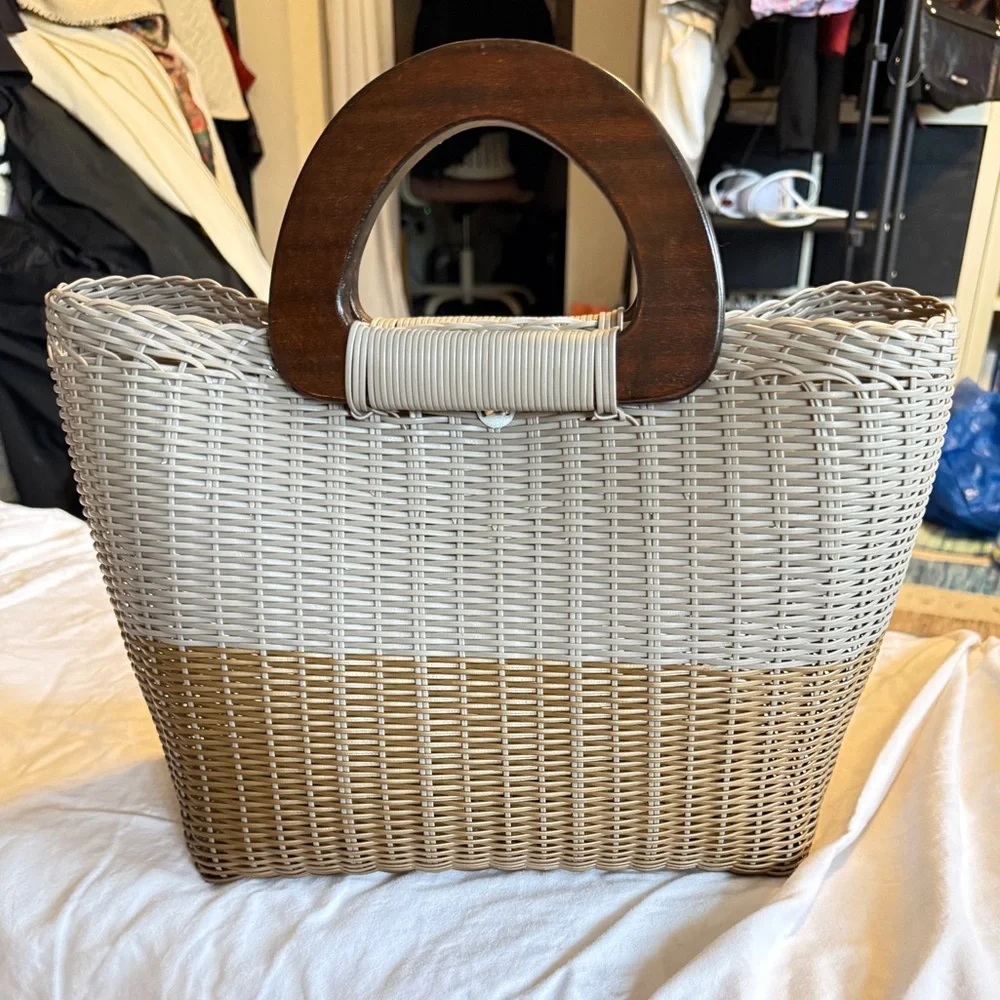 Handmade Guatemalan Woven Straw Tote Bag Wood Handles | Neutral Summer Bag NWOT - Picture 11 of 11